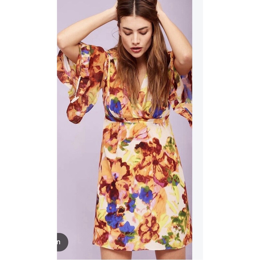 Maeve Anthropologie Floral Silk Jaida Kimono Dress Size 2 V-Neck 3/4 Bell sleeve